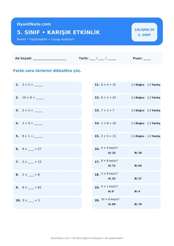5. Sınıf Çarpım Tablosu Karışık Etkinlik PDF önizleme